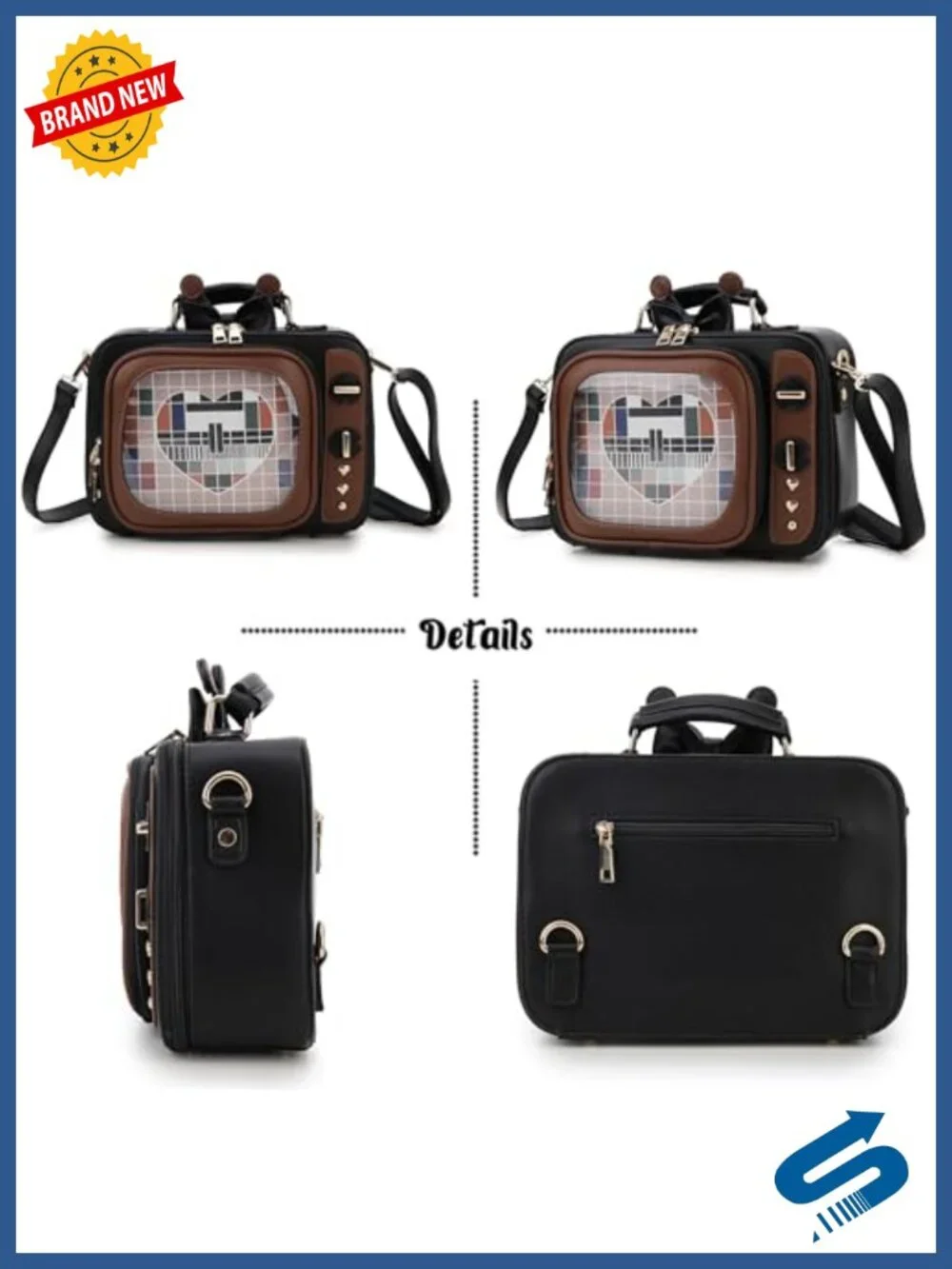 Retro TV Ita Bag Backpack with 2 Inserts, Faux Leather Display Purse